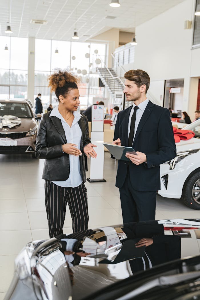 Business professionals discussing details in a car dealership showroom.